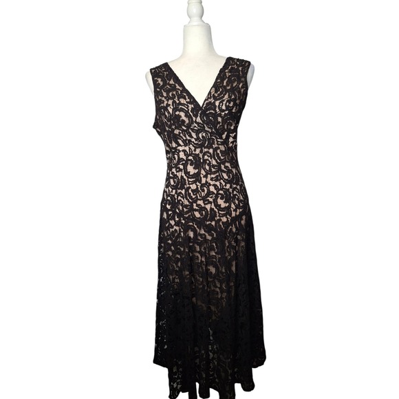 K Studio Collection Dresses & Skirts - K Studio Collection Black Lace Surplice V-Neck Midi Dress Nude Lining Size 12